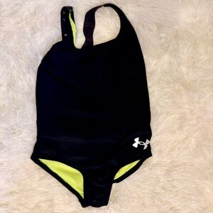Under Armour Girls Black with Neon Yellow Trim One-Piece Swimsuit